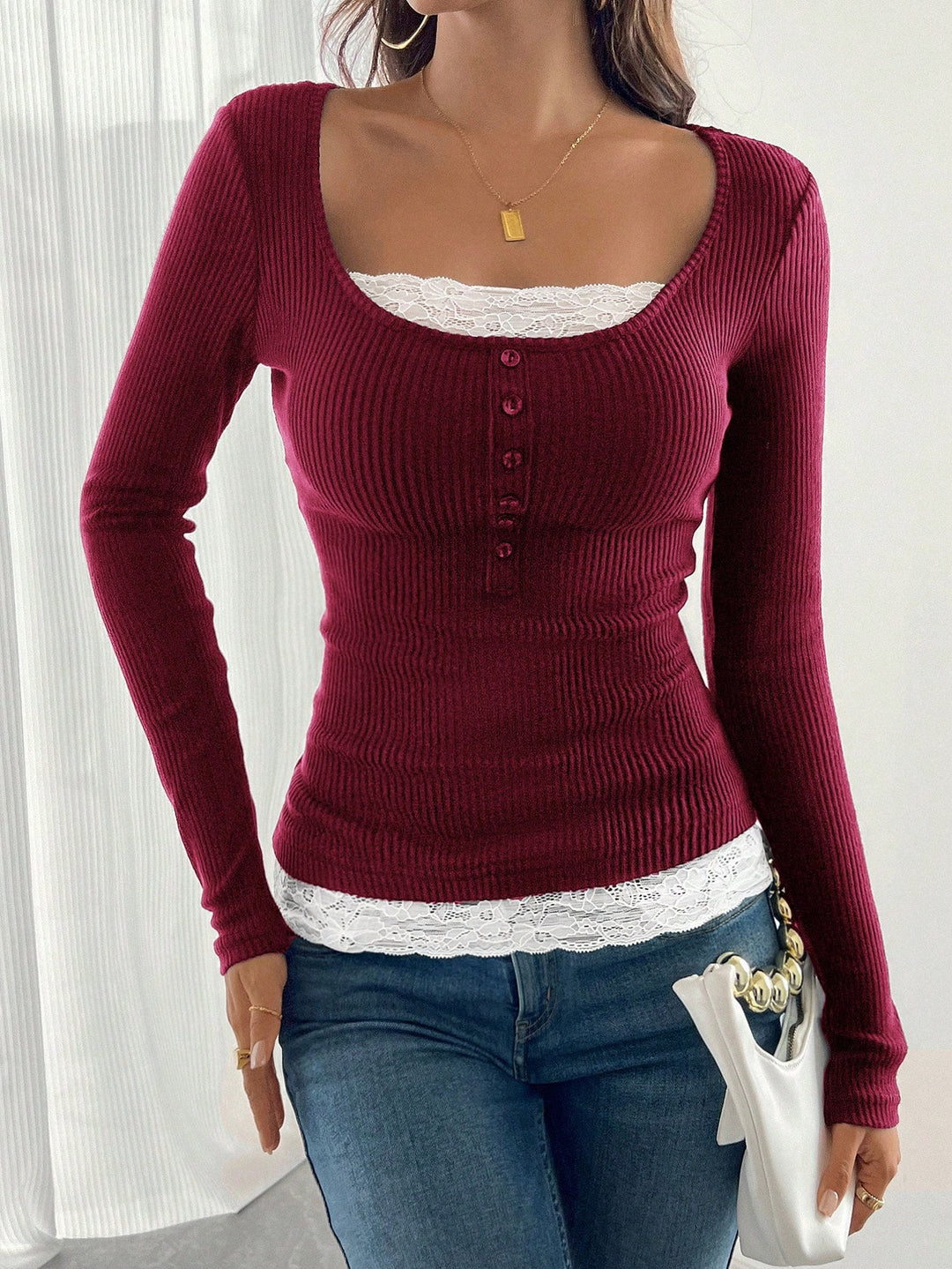 Damen Figurbetontes Rippenstrick-Top mit U‑Ausschnitt und Knopfleiste Shop Nory