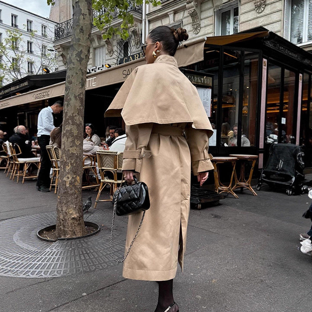 Damen Langer Trenchcoat mit Capelet, Taillengürtel und Sturmkragen Shop Nory