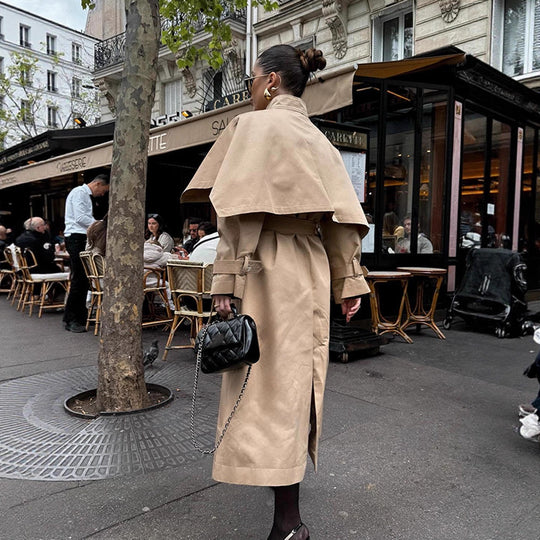 Damen Langer Trenchcoat mit Capelet, Taillengürtel und Sturmkragen Shop Nory