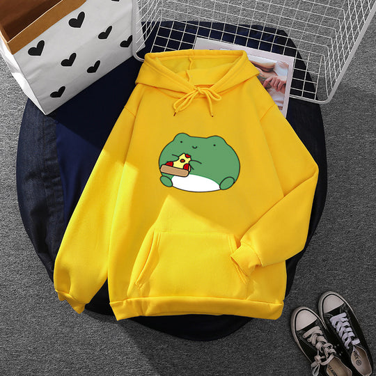 Damen nan gemütlicher Kapuzenpullover mit kawaii Frosch‑Pizza‑Motiv und oversized Relax‑Fit Shop Nory