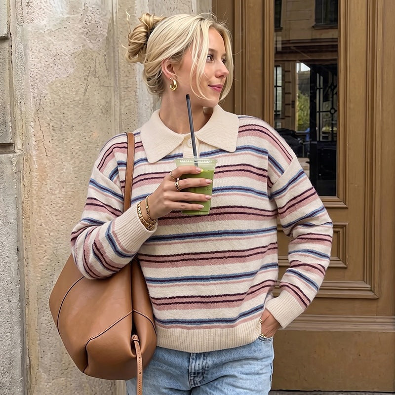 Damen Gestreifter Pullover mit Kragen Shop Nory