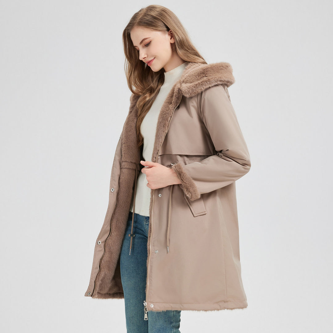 Damen nan taillierter langer Thermoparka mit Webpelzbesatz an Kapuze und Ärmeln sowie Kordeltaille Shop Nory