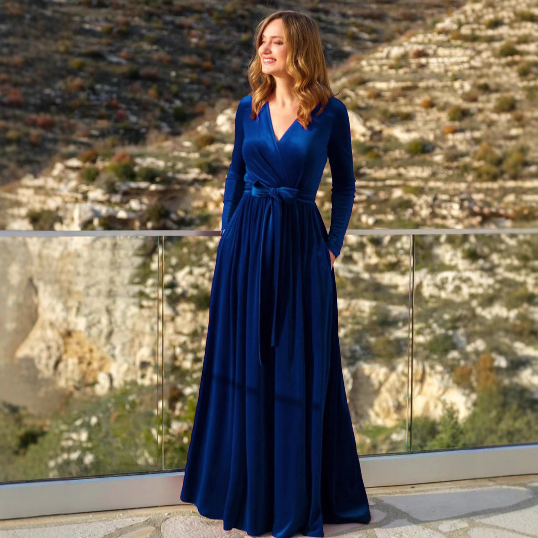 Damen nan elegantes Wickelmaxikleid aus Samt mit V-Ausschnitt, Taillengürtel und seitlichen Eingrifftaschen Shop Nory