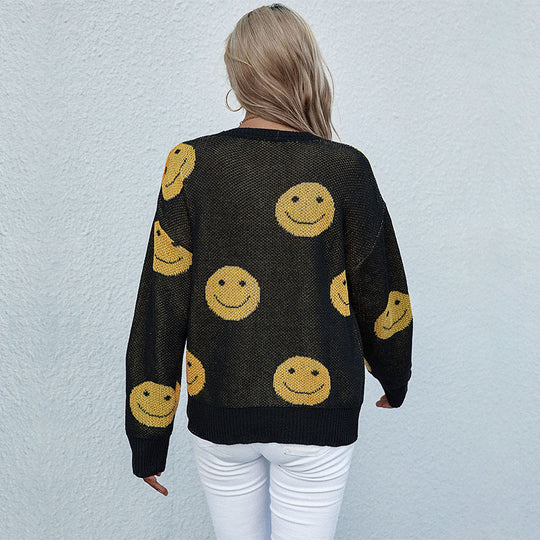 Damen lässiger Strickpullover mit Smiley‑Jacquard und Rundhalsausschnitt Shop Nory