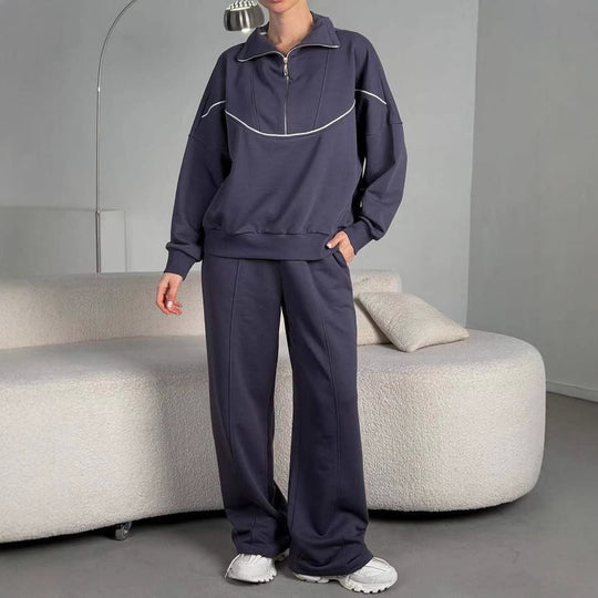 Damen Lockeres Loungewear-Set mit halbhohem Reißverschluss, überschnittenen Schultern und weiter Palazzohose Shop Nory