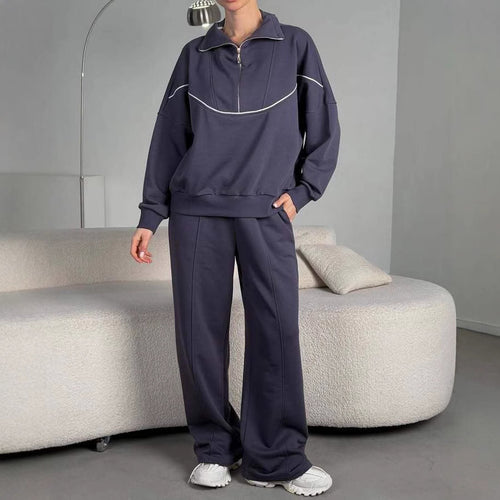 Damen Lockeres Loungewear-Set mit halbhohem Reißverschluss, überschnittenen Schultern und weiter Palazzohose Shop Nory