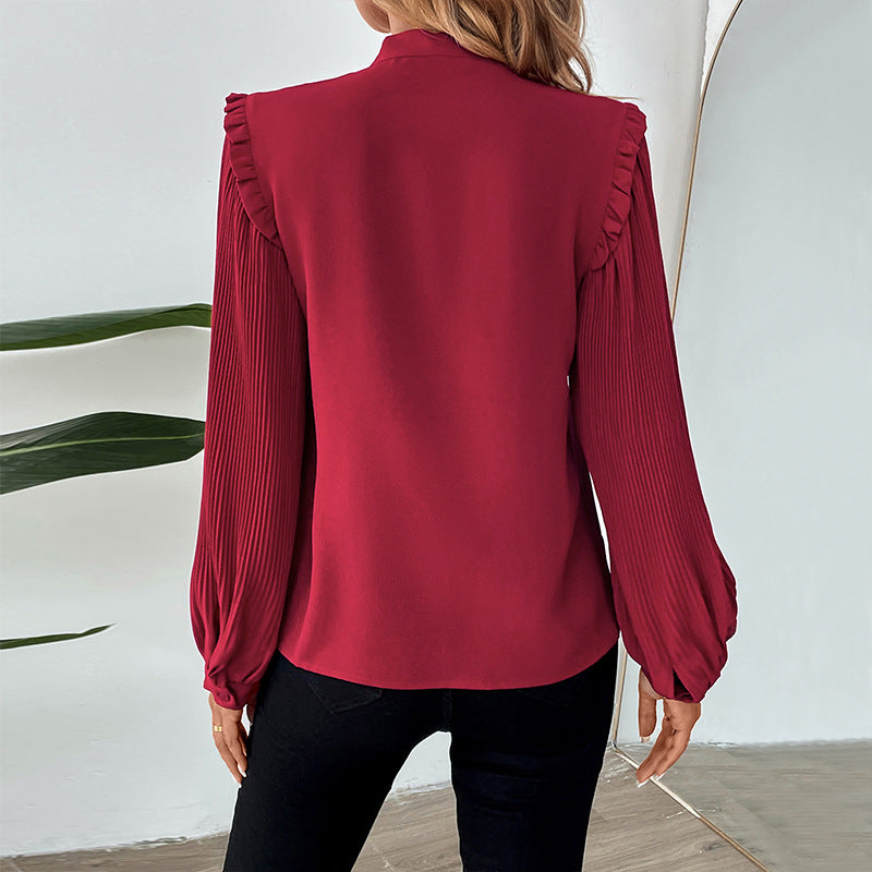 Damen Plissierte Chiffon-Bluse mit Schleifenkragen, Ballonärmeln und Rüschendetail Shop Nory