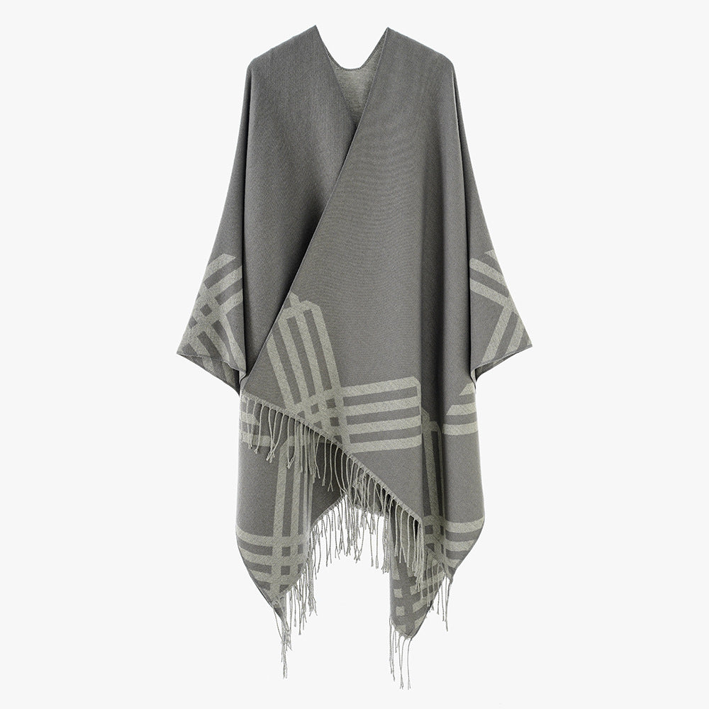 Damen Wollmix-Ruana im Rechteckschnitt mit grafischem Streifen-Jacquard und Fransen Shop Nory
