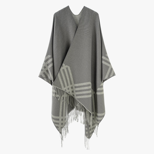 Damen Wollmix-Ruana im Rechteckschnitt mit grafischem Streifen-Jacquard und Fransen Shop Nory