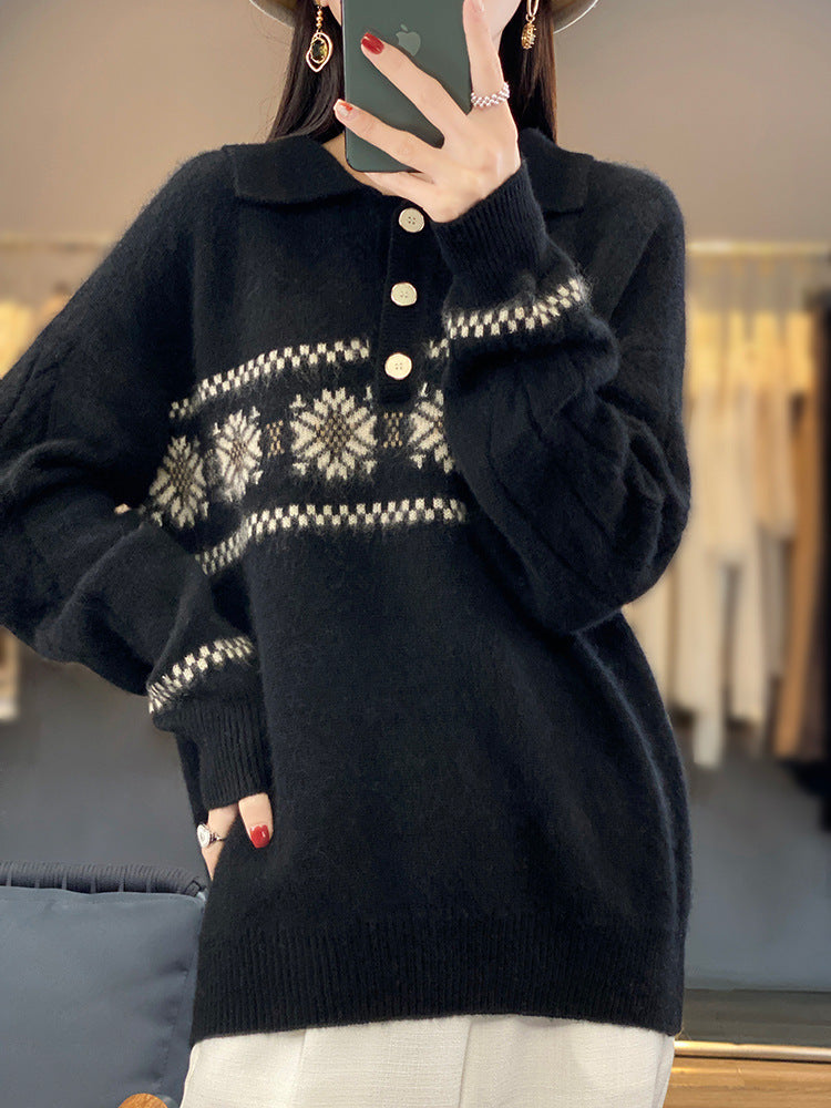 Damen Oversize-Polokragen-Strickpullover mit Norweger‑Motiv und Raglanärmeln Shop Nory
