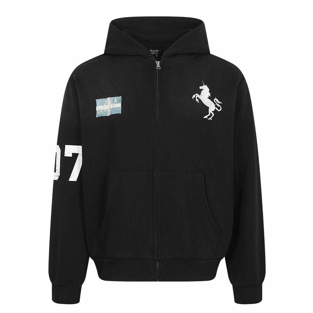 Damen Zip-Hoodie mit gesticktem Einhorn-Motiv und Musikpatch Shop Nory