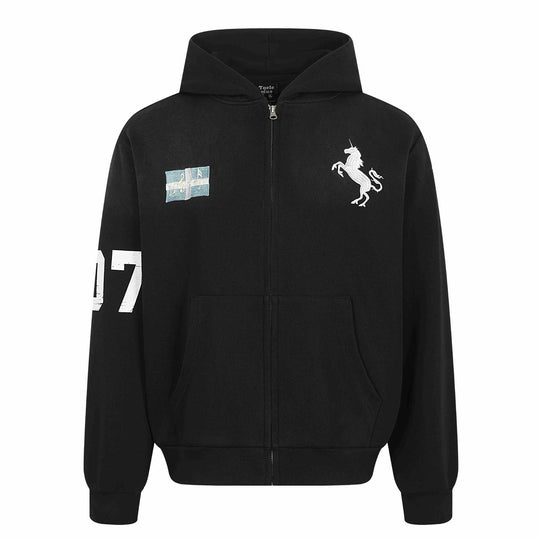 Damen Zip-Hoodie mit gesticktem Einhorn-Motiv und Musikpatch Shop Nory