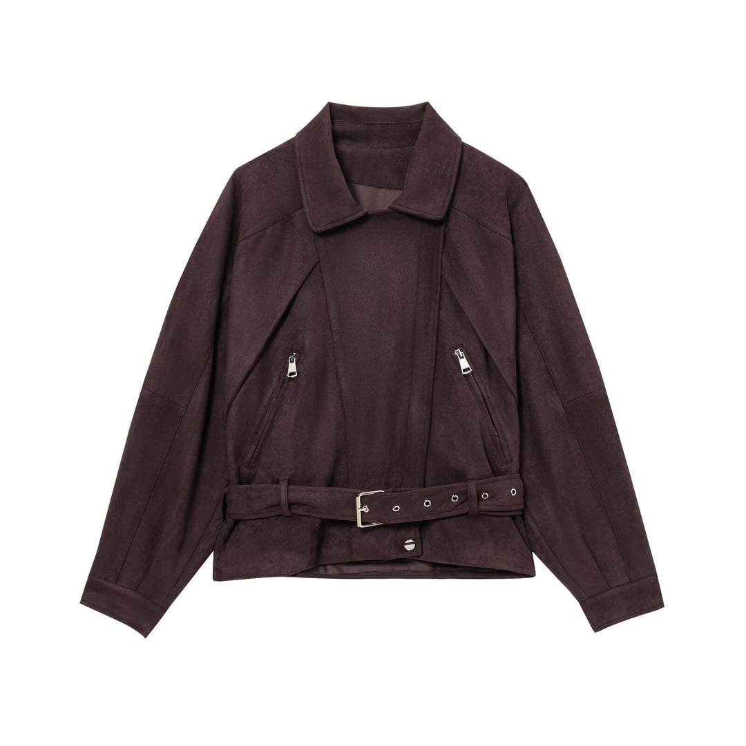 Damen Kurzjacke im Bikerstil aus Velourslederoptik mit Taillengürtel Shop Nory