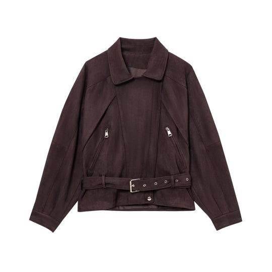 Damen Kurzjacke im Bikerstil aus Velourslederoptik mit Taillengürtel Shop Nory
