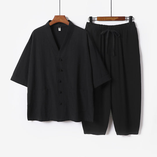 Unisex Leichtes Kimono-Lounge-Set aus Baumwoll-Leinen mit Kurzarmjacke und Kordelbund-Hose Shop Nory