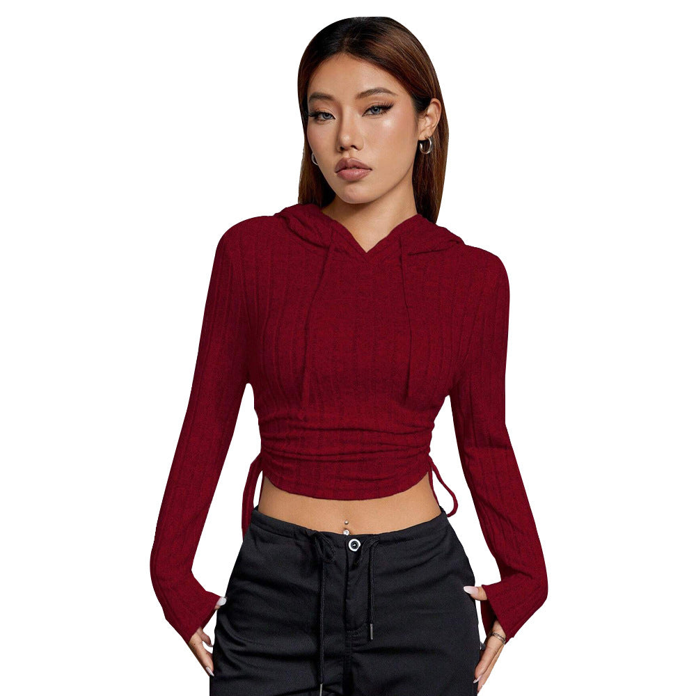 Damen geripptes Crop-Hoodie mit Tunnelzugseitennähten, figurbetonter Silhouette und langen Ärmeln Shop Nory