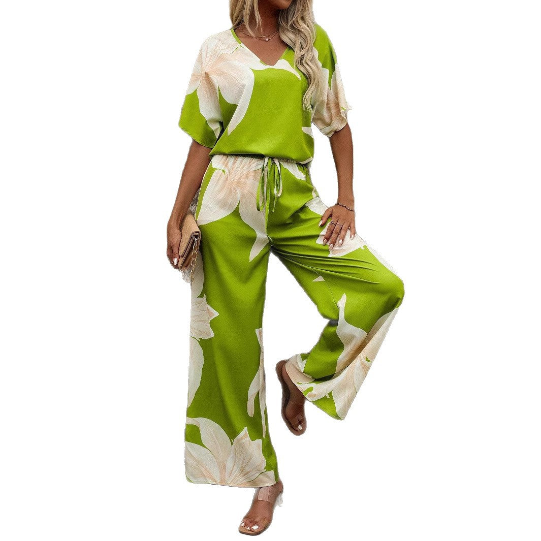 Damen luftiger Hosenanzug mit floralem Print und elastischem Bund