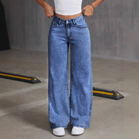Damen Weit geschnittene Jeans mit kräftigen Kontrastnähten und verspielt gestickten Taschen