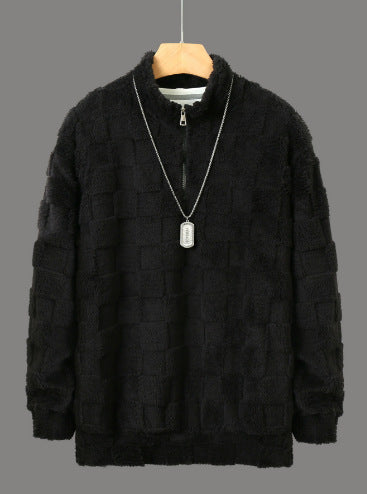 Herren karierter Sherpa-Halbzip-Pullover mit hohem Stehkragen und weicher Teddy-Fleece-Qualität Shop Nory