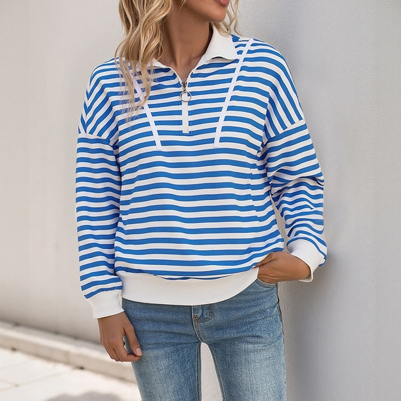 Damen Lässiger Streifenpullover mit Reißverschluss Shop Nory