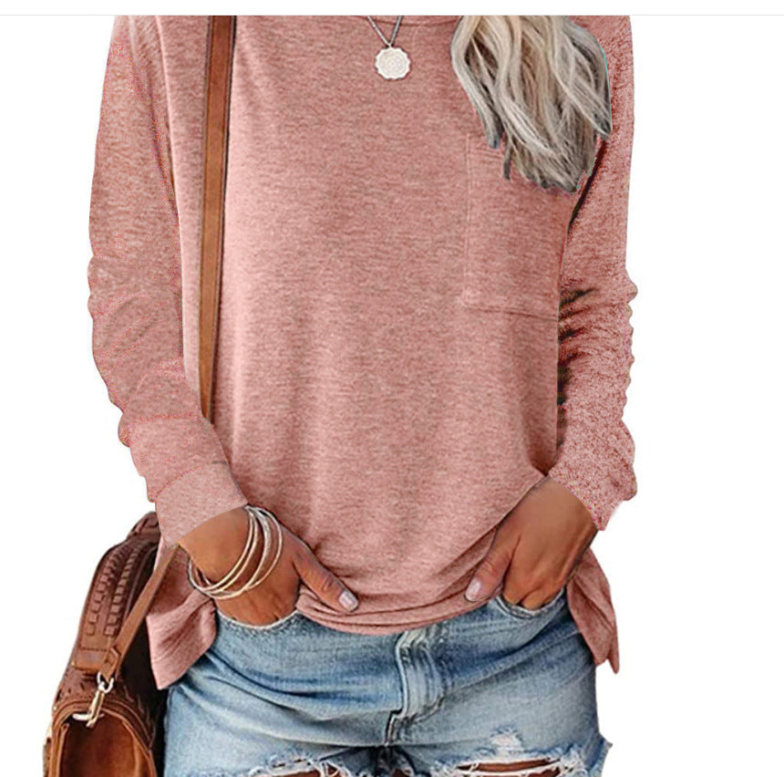 Damen lässiges Langarmshirt mit Taschen und Rundhalsausschnitt