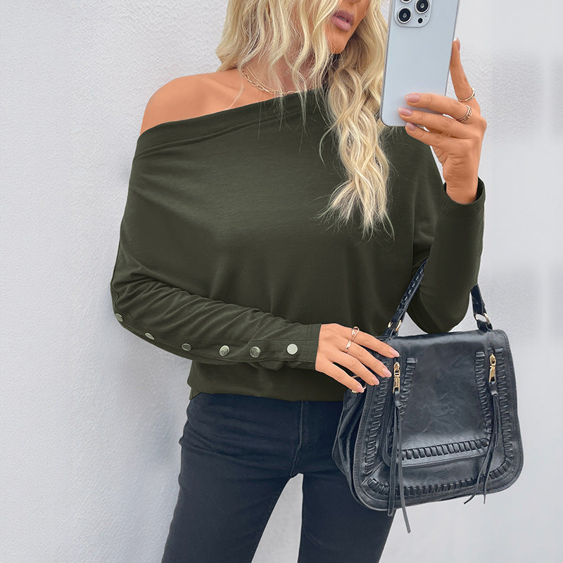 Damen Oversized schulterfreies Langarmshirt mit Fledermausärmeln und Knopfmanschetten Shop Nory