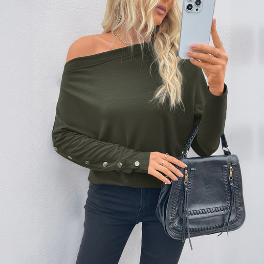 Damen Oversized schulterfreies Langarmshirt mit Fledermausärmeln und Knopfmanschetten Shop Nory