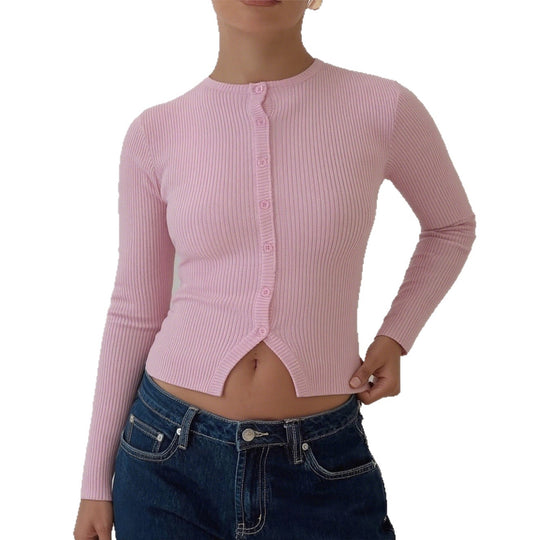 Damen nan kurze gerippte Knopfstrickjacke mit Rundhalsausschnitt, taillierter Passform und Stretchanteil Shop Nory