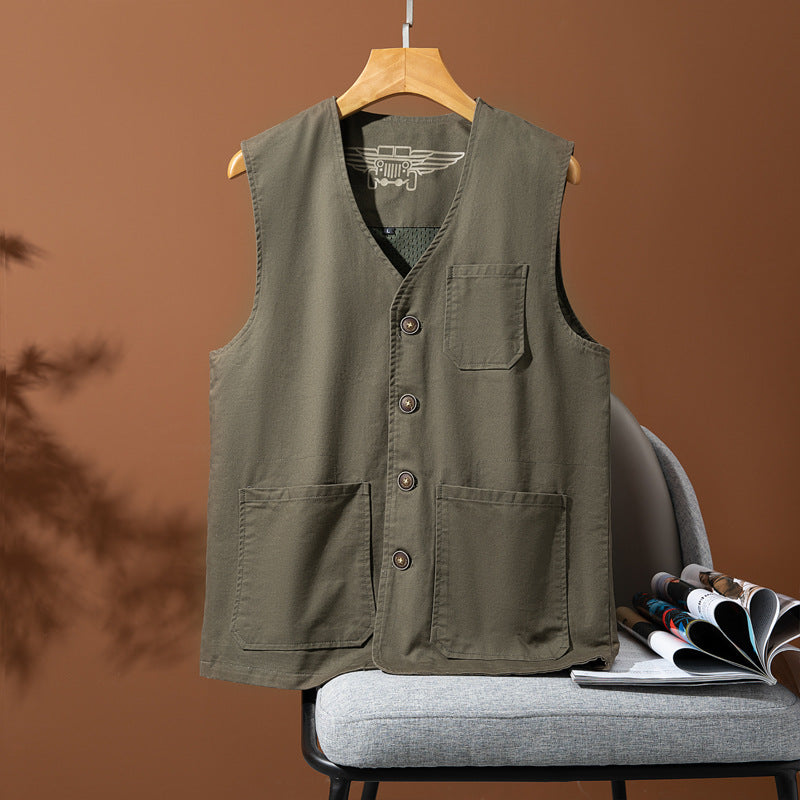 Herren Ärmellose Utility-Canvas-Weste mit V‑Ausschnitt, Knopfleiste und aufgesetzten Taschen Shop Nory