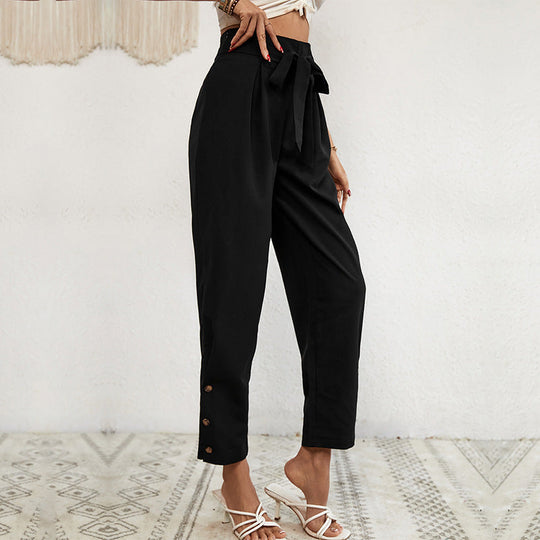 Damen Hochtaillierte Paperbag-Hose mit Bindegürtel, tapered Bein und Zierknopfleiste Shop Nory