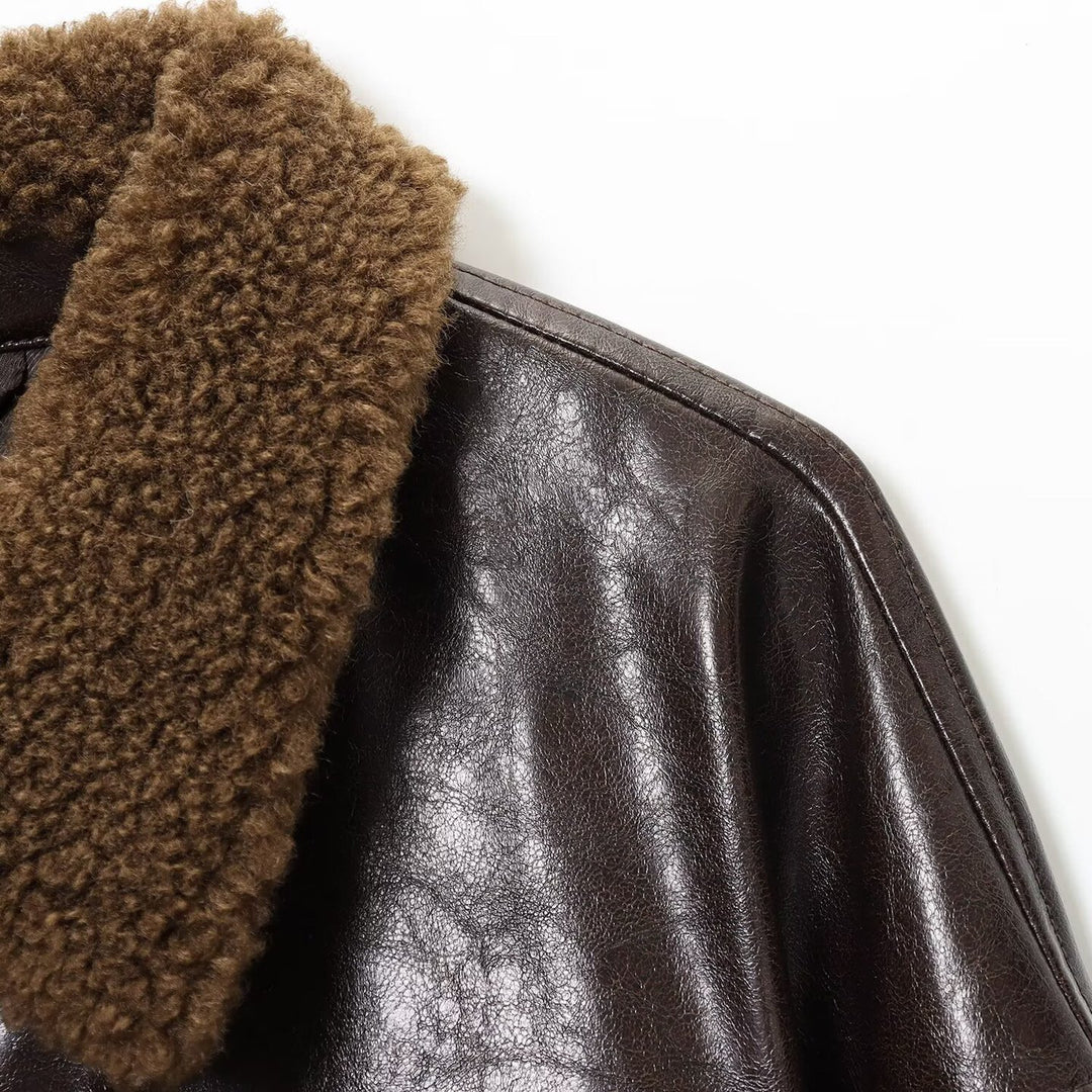 Damen Oversized Lederimitat-Jacke mit Teddykragen und Taillengürtel Shop Nory