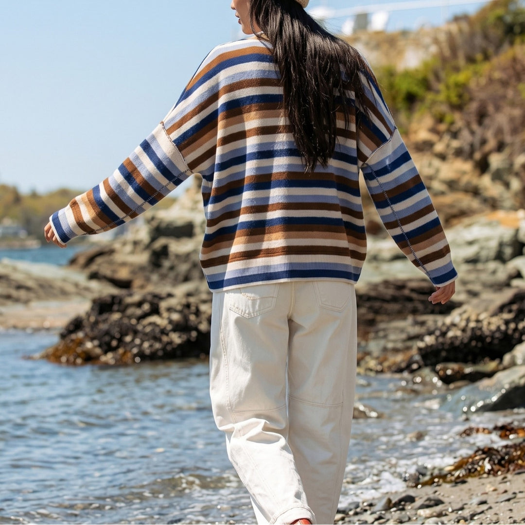 Damen Gestreifter Strickpullover mit Polokragen & Knopfleiste Shop Nory