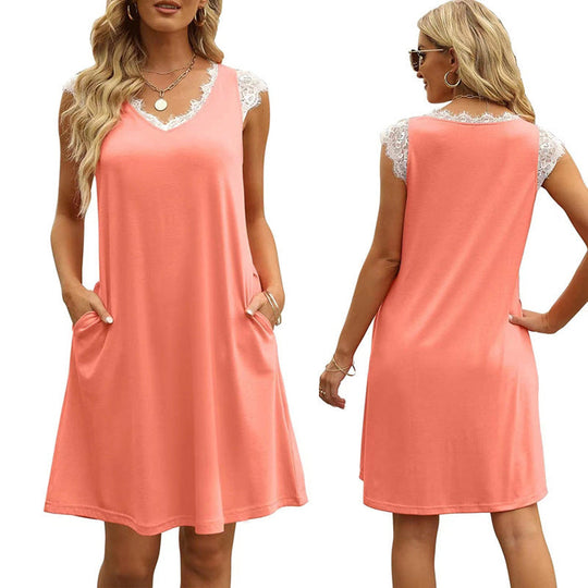Damen ärmelloses Kleid mit Spitzendetail und seitlichen Taschen Shopnory