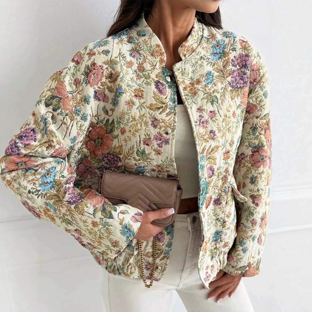 Damen Florale Jacquard-Steppjacke mit Stehkragen und elastischem Saum Shop Nory