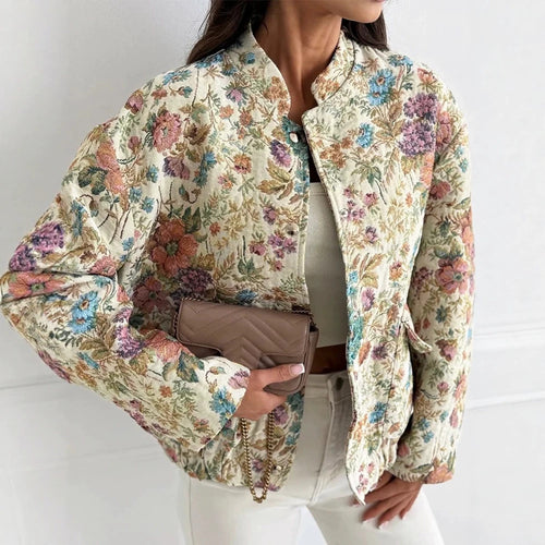 Damen Florale Jacquard-Steppjacke mit Stehkragen und elastischem Saum Shop Nory