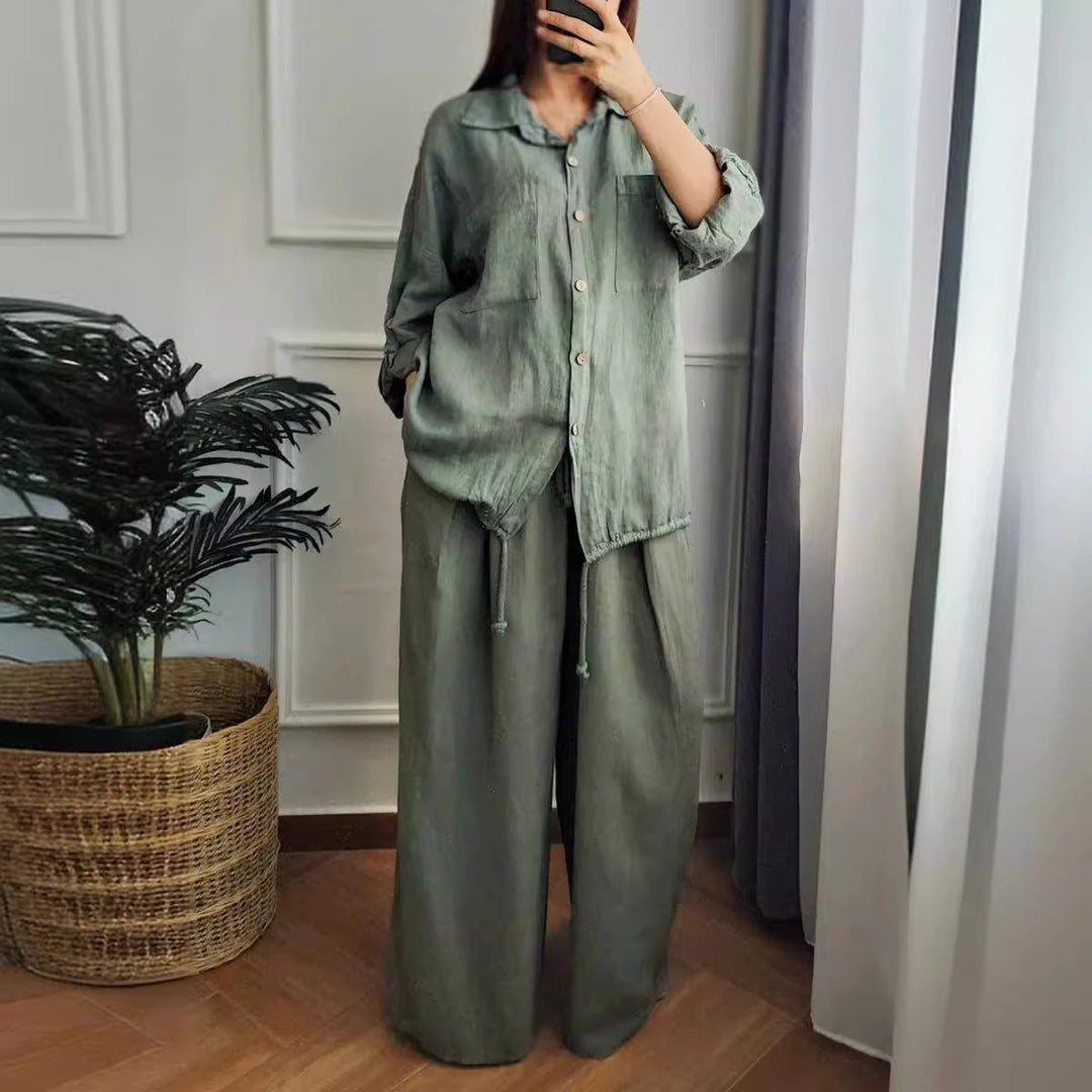 Damen Leinen-Set mit weiten Hosen undlässiger Bluse