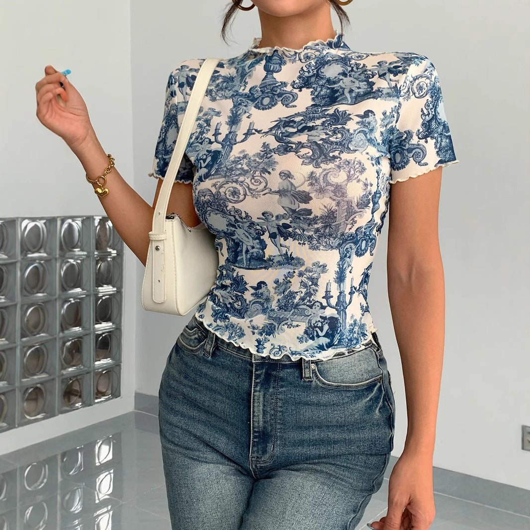 Damen Kurzes T-Shirt mit kreativem Druck und elegantem Stehkragen
