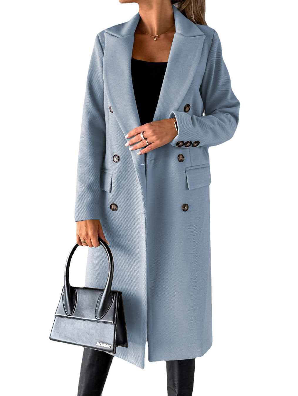 Damen klassischer langer Doppelreiher Mantel mit Reverskragen und Pattentaschen Shop Nory