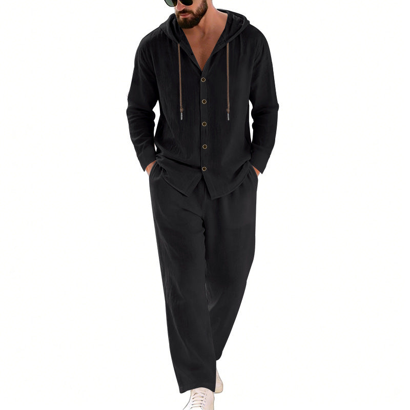 Herren nan legeres Kapuzen-Lounge-Set mit Knopfleiste, Kordelbundhose und seitlichen Eingrifftaschen Shop Nory