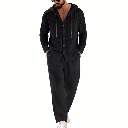 Herren nan legeres Kapuzen-Lounge-Set mit Knopfleiste, Kordelbundhose und seitlichen Eingrifftaschen Shop Nory