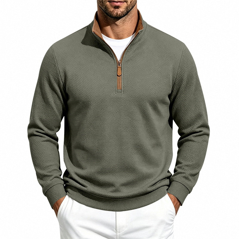 Herren Waffelstruktur-Halbzip-Sweatshirt mit Stehkragen, Kontrastfutter und Lederzipper Shop Nory