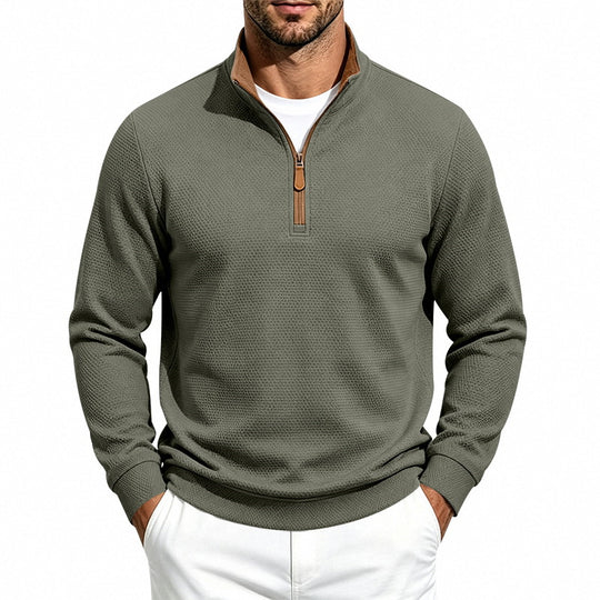 Herren Waffelstruktur-Halbzip-Sweatshirt mit Stehkragen, Kontrastfutter und Lederzipper Shop Nory