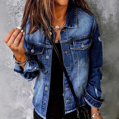 Damen Lässige Denim-Jacke mit Destroyed-Details, aufgesetzten Brusttaschen und ausgefranstem Saum Shop Nory