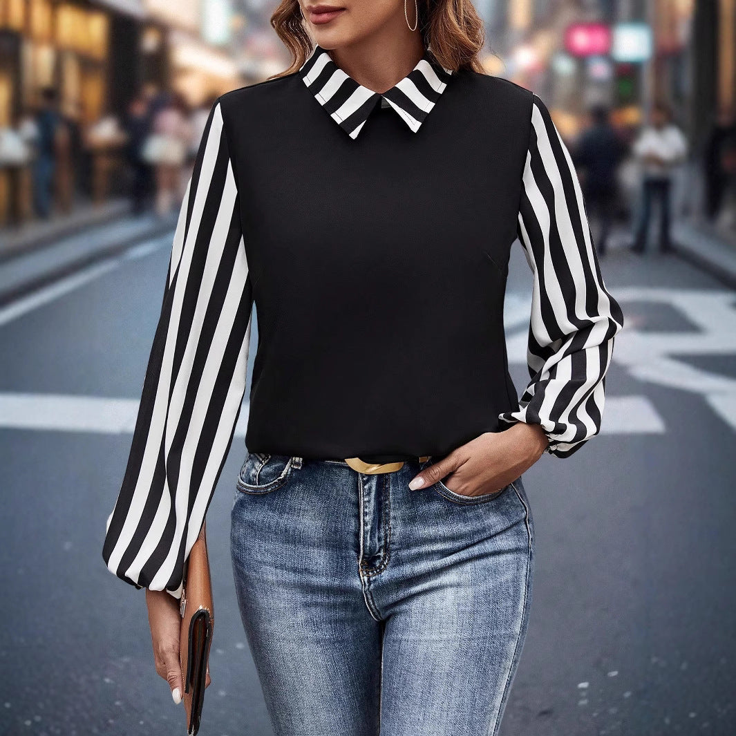 Damen Blusenoberteil mit kontrastierendem Hemdkragen und gestreiften Chiffonärmeln Shop Nory