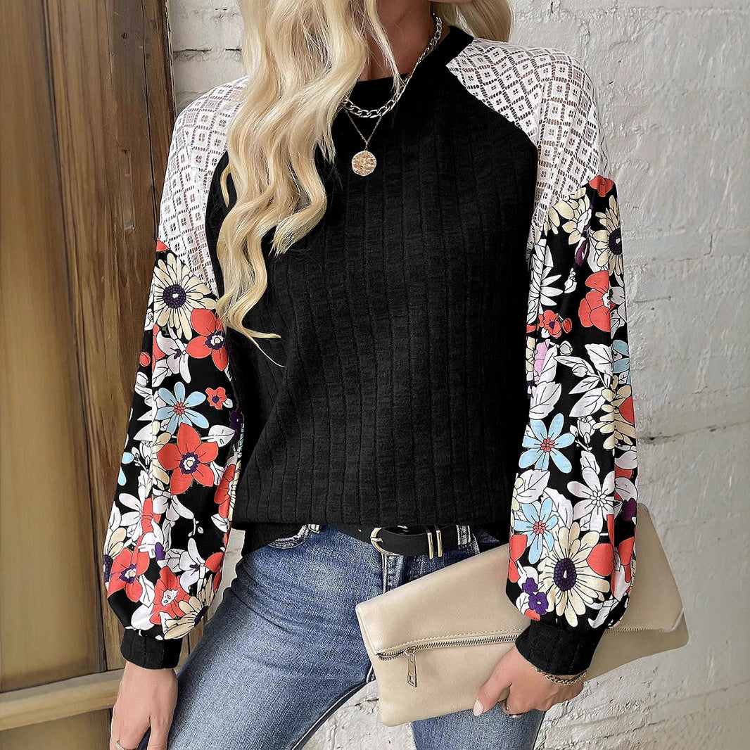 Damen Pullover mit Rippenstruktur, Häkel-Raglan und geblümten Ballonärmeln Shop Nory