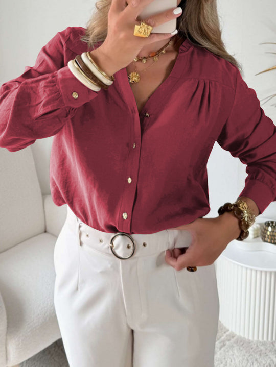 Damen Bluse mit V‑Ausschnitt, geraffter Schulterpasse und Ballonärmeln Shop Nory