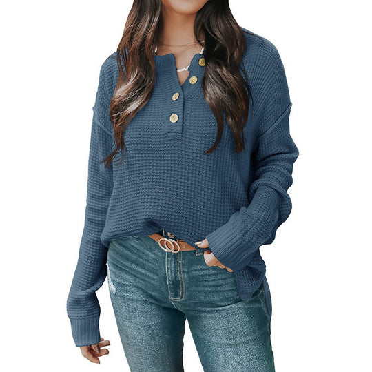 Damen nan lockerer Waffelstruktur Henley Pullover mit Knopfleiste und überschnittener Schulter Shop Nory