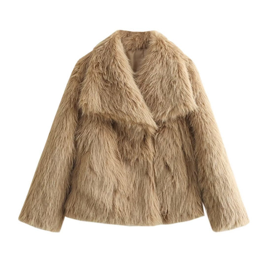 Damen Kurzboxy Kunstfelljacke mit breitem Schalkragen und langfaserigem Faux-Fur Shop Nory