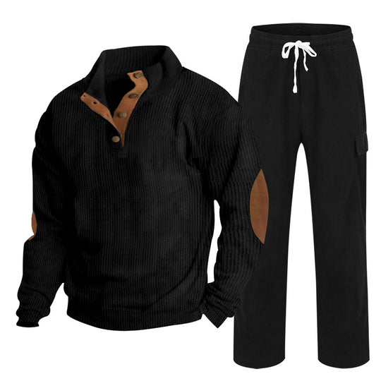 Herren Gemütliches Freizeit-Set aus Waffelstrick-Henley mit Ellenbogenpatch und Relax-Cargo-Hose Shop Nory