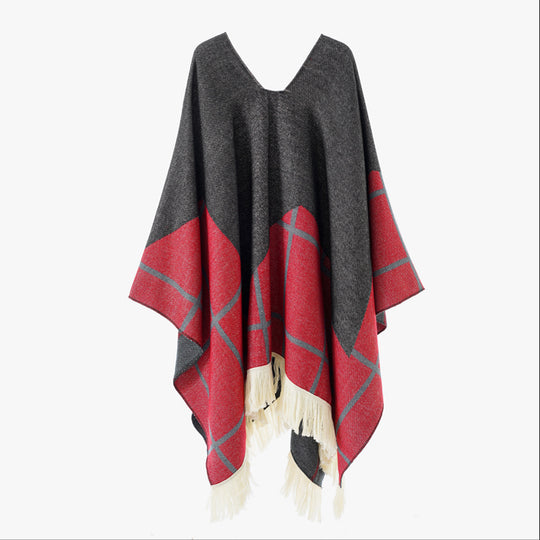 Damen Ornamentaler Jacquard‑Poncho mit V‑Ausschnitt und Fransensaum Shop Nory